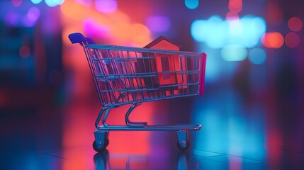 Miniature home in a shopping cart symbolizes modern consumerism and simplicity.