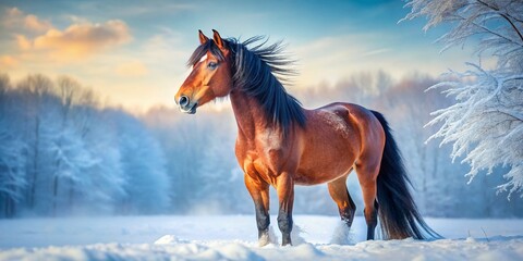 Majestic Bay Budenny Horse Winter Portrait: Frosty Mane, Snowy Landscape