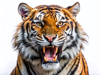 Naklejka premium Majestic Bengal Tiger Roaring, Powerful Wildlife Portrait on White Background