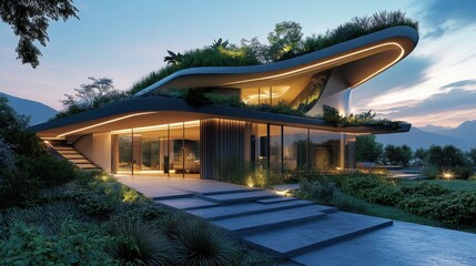 Fototapeta premium A modern, eco-friendly house with a green roof, sleek design, and lush landscaping, illuminated at dusk, showcasing a blend of nature and architecture.