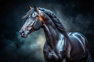 Majestic Black Stallion: Dark Background Tilt-Shift Photography