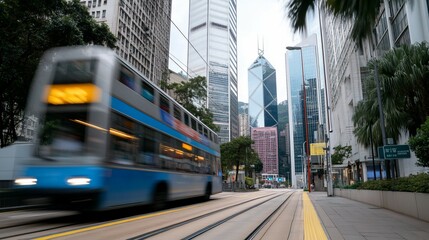 Obraz premium City tram speeds past skyscrapers