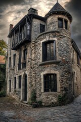 Fototapeta premium Historic stone building with turret located on a quiet street showcasing medieval architecture during cloudy evening hours