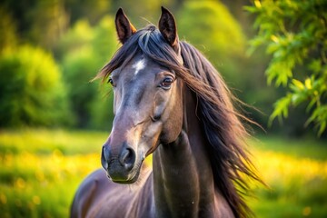 Obraz premium Majestic Dark Gray Horse Portrait: Close-up Headshot Against Lush Green Summer Meadow