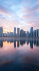 Obraz premium Cityscape sunrise reflection, calm waters, urban skyline, tranquil morning