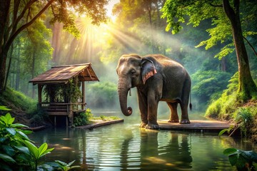 Majestic Elephant Entering Forest Pond - Wildlife Nature Photography