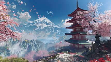 Fototapeta premium Scenic view of a traditional pagoda surrounded by cherry blossoms with a majestic mountain in the background