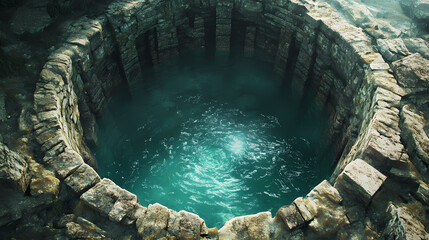 Ancient stone well, deep teal water. ideal for fantasy, mystery, or adventure themes. Chasm of the Forgotten. Illustration