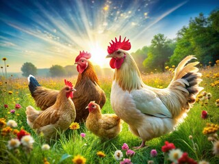 Fototapeta premium Majestic Free Range Brahma Chickens: Hens & Rooster in Lush Pasture