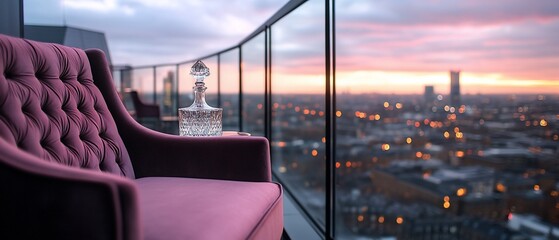 Cityscape sunset view from rooftop lounge chair