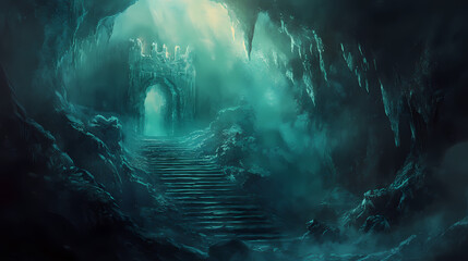 Drone reveals a dark, mysterious cave entrance; a shadowy staircase descends into an unexplored underground world. Chasm of the Forgotten. Illustration