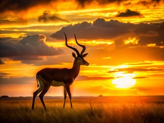 Majestic Impala Ram Silhouette at Sunset, Serengeti National Park, Tanzania