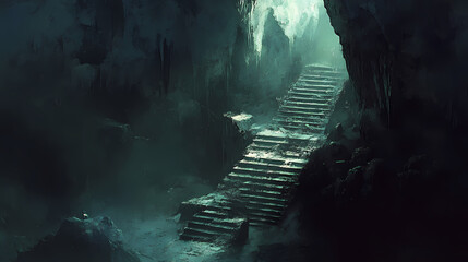 Drone reveals a dark, mysterious cave entrance; a shadowy staircase descends into an unexplored underground world. Chasm of the Forgotten. Illustration