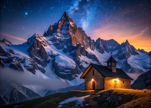 Majestic La Meije Mountain Range at Dusk, Oratory of Chazelet Silhouette