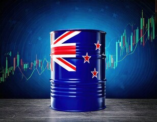 New Zealand flag design on a oil barrel against a financial market background with graphs and trends