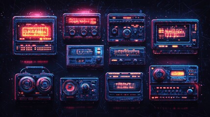 Obraz premium Collection of retro-styled audio devices with neon highlights.