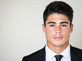 Confident young businessman in suit with strong eye contact and professional demeanor symbolizing corporate success ambition and leadership potential