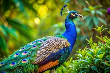 Obraz premium Majestic Peacock Side Profile in Wild Habitat, Vibrant Feathers, Nature Photography