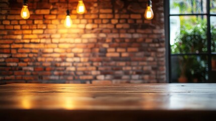 A beautifully rustic wooden table in a cozy setting, accented by warm light bulbs and exposed brick walls, creating a welcoming ambiance.