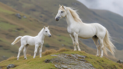 Obraz premium Beautiful Wild Horses in a Serene Mountain Landscape Setting
