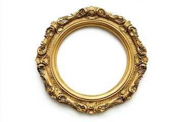 Ornate gold round frame, isolated, white background, mockup