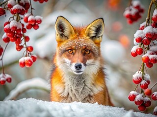 Obraz premium Majestic Red Fox in Winter Wonderland: Symmetrical Berries & Snow