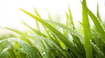 Obraz premium Close-up of vibrant green blades of grass adorned with glistening water droplets, illuminated by soft sunlight, creating a fresh and tranquil mood.