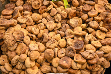 Dried figs for sale at the market. Dried fruit. Fig.