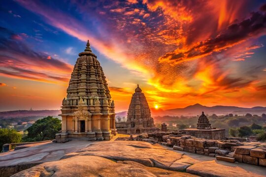 Majestic Silhouette of Virupaksha Temple, Hampi, India at Sunset