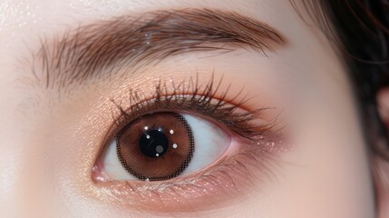 Obraz premium Close-up of a captivating brown eye showcasing detailed eyelashes and subtle makeup, with soft lighting enhancing the features
