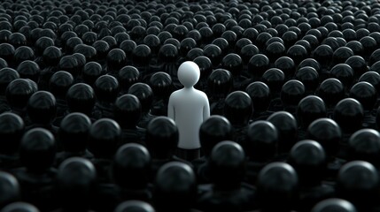 Obraz premium Single white figurine among numerous black spheres representing individuality uniqueness and standing out from crowd in a conceptual artistic representation of personal identity and social contrast