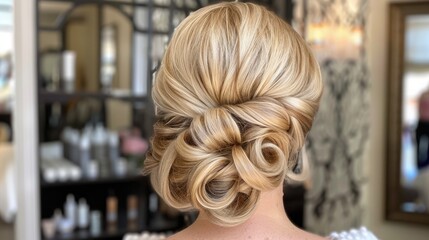 Elegant updo hairstyle showcasing intricate curls and smooth texture, set in a stylish salon environment