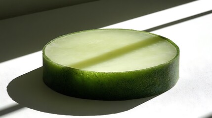 Jade Disc: A smooth, pale green jade disc rests on a pristine surface, its edges a deeper shade of green, illuminated by a dramatic shaft of sunlight.