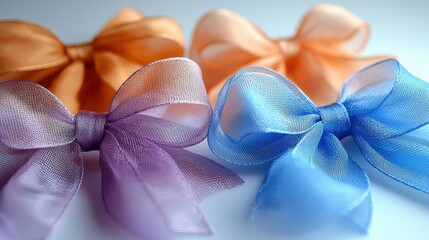 A collection of colorful, sheer ribbon bows arranged in a pleasing display.