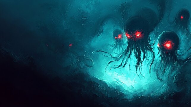 Deep Sea Horrors: Abstract Depiction of Bioluminescent Creatures in the Abyss