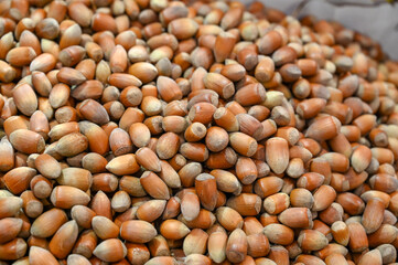Hazelnuts for sale in the market. Close-up of hazelnuts in shell.