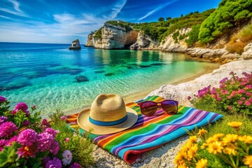 Mediterranean Beach Paradise: Turquoise Waters, Lush Greenery, Sunny Coastline Stock Photo