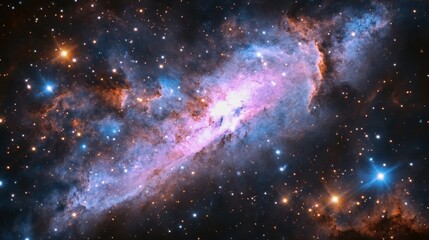 Naklejka premium A stunning view of a colorful galaxy, showcasing vibrant hues of blue, pink, and orange amidst a sea of sparkling stars.