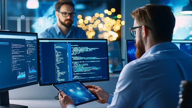 A skilled web development team brainstorming and working together on a cutting-edge project.