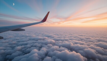 Obraz premium Airplane Wing Above Clouds at Sunset