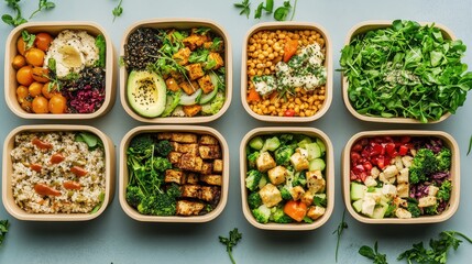 Vegan meal boxes with plant-based foods, eco-conscious packaging design.