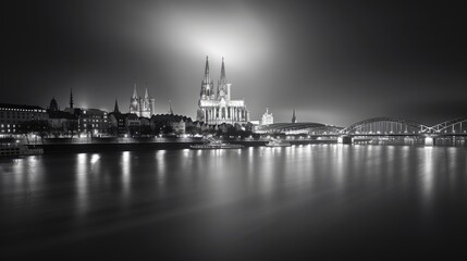 Fototapeta premium Nighttime view of a historic city skyline featuring a grand cathedral and illuminated bridge over a calm river