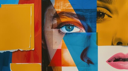 Abstract portrait featuring a woman's eye with vibrant colors and shapes, blending art and emotion in a creative composition