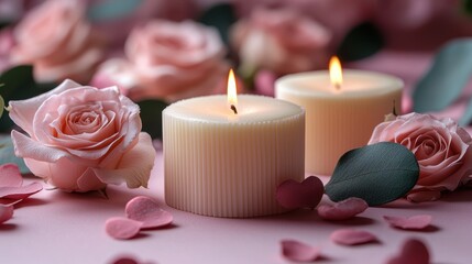 Romantic scene with candles and pink roses, perfect for a cozy atmosphere.