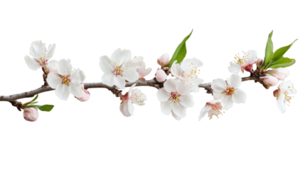 Blooming almond tree branch with delicate white flowers on transparent background