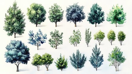 A diverse collection of watercolor trees showcasing various species and foliage in a bright setting