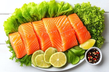 Salmon Fillet with Lemon and Herbs: Freshly caught salmon fillet, expertly sliced and arranged on a platter with fresh lime wedges and fragrant herbs.