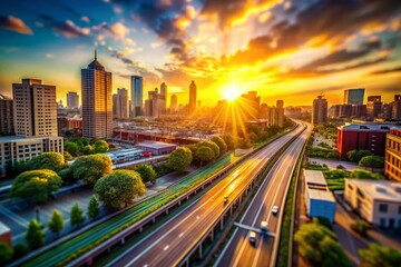 Fototapeta premium Miniature Cityscape with Dynamic Motion Blur and Golden Rays of Light