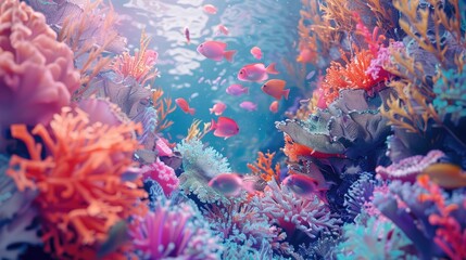 Vibrant underwater scene showcasing colorful coral reefs teeming with diverse fish species in a serene ocean setting