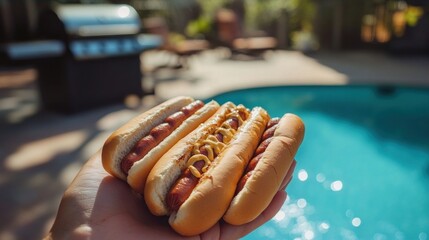 hot dog buns, held in hand with the grill in the background and a shimmering pool under the afternoon sun